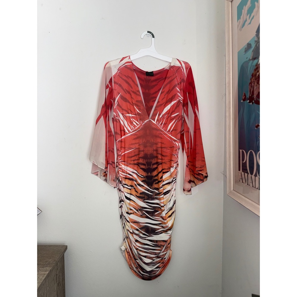 Joyce Leslie Tiger Print Ruched Bodycon Mini Dress V-Neck Bell Sleeve Orange L